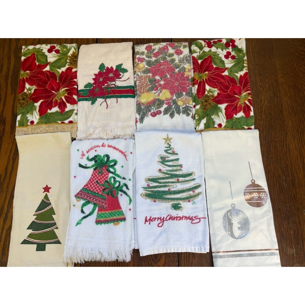8 Vtg Christmas Linen Terry Hand Kitchen Towels Poinsettia Fringe Canon Leshner